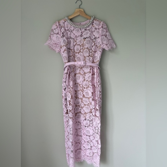 NEW Self-Portrait Fine Lace Pearl Midi Dress in Pink | UK 10 / US 6 - Picture 9 of 16